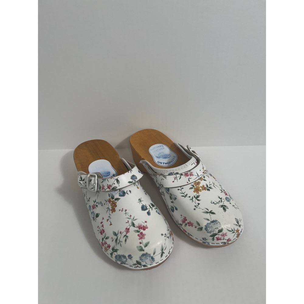 Orthopedik Floral Leather Clogs Womens 41‎ White Wood Sole Cottagecore Mules - Picture 2 of 10